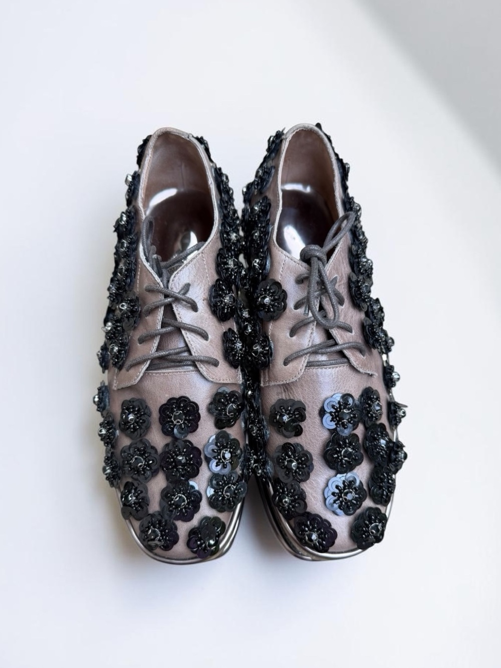 Jeffrey Campbell Metallic Gray Platform Oxfords with Black Floral Appliqué